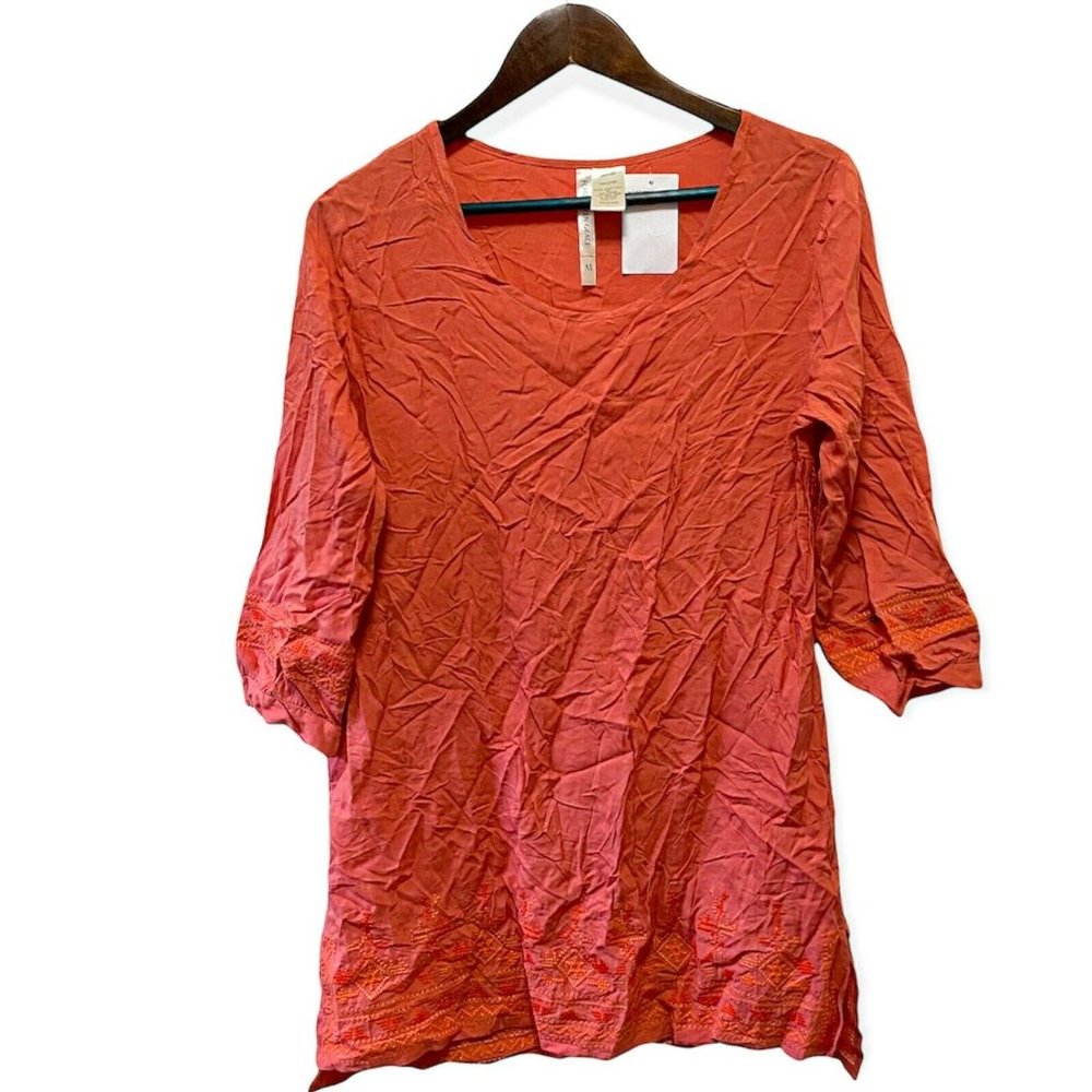 Anthropologie Forgotten Grace Women's M Embroidery Peasant Boho Top Tunic Orange